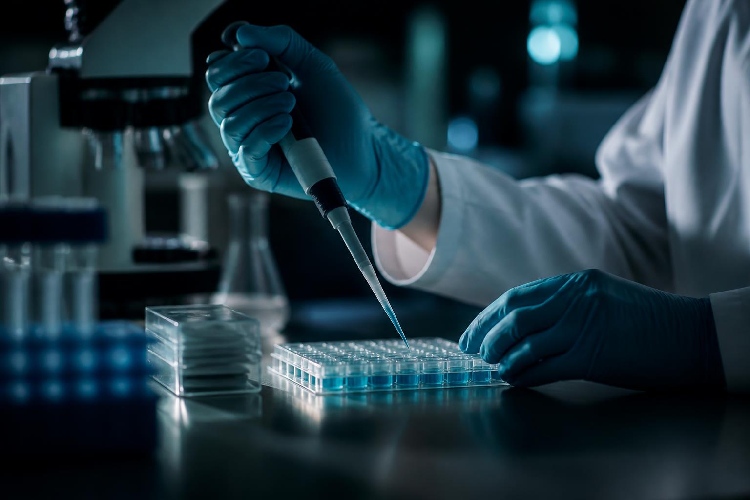 Researcher pipetting samples into a microplate in a laboratory